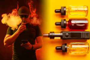The concept of floating on a yellow background. A man in black g