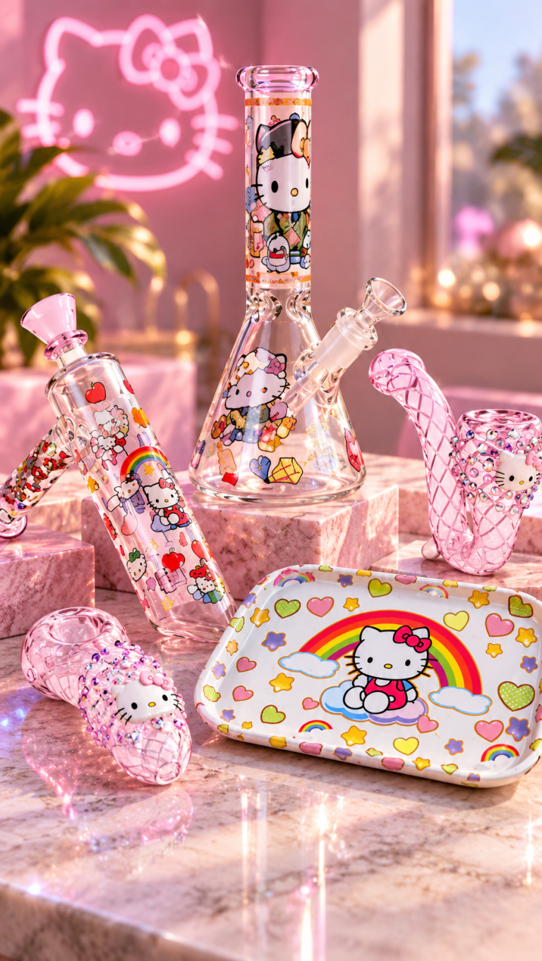 Hello Kitty beaker, bubbler, sherlock, rhinestone Hello Kitty spoon, rolling tray, ashtray